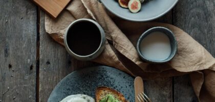 served healthy breakfast on wooden table