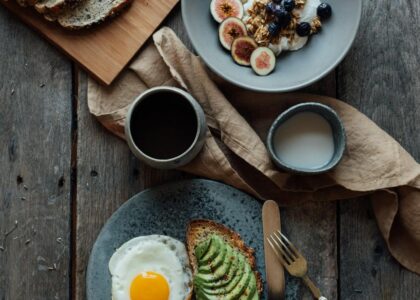 served healthy breakfast on wooden table